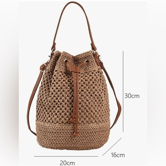 Tan Woven Straw Hollow Bucket Crossbody Bag Handbag Tan - Picture 12 of 12